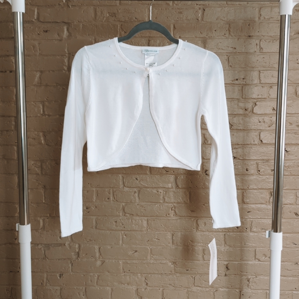 Bonnie Jean White Cropped Bolero Cardigan with Beaded Neckline